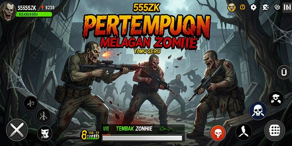 Screenshot antarmuka permainan 555ZK saat beraksi menembak zombie.