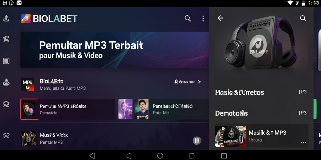Antarmuka aplikasi BIOLABET untuk memutar MP3 dengan tampilan menarik.
